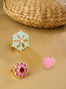 Zaveri Pearls Set Of 3 Gold-Plated Pink & Turquoise Blue Stone Studded & Beaded Meenakari Finger Ring