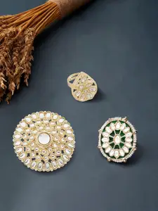 Zaveri Pearls Set Of 3 Gold-Plated White & Green Kundan Studded & Beaded Meenakari Finger Ring