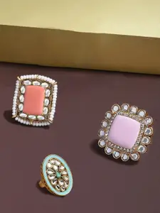 Zaveri Pearls Set Of 3 White Kundan Studded & Beaded Meenakari Finger Ring