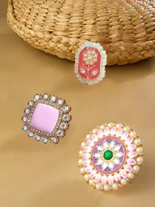 Zaveri Pearls Set Of 3 White & Pink Kundan Studded & Beaded Meenakari Adjustable Finger Ring
