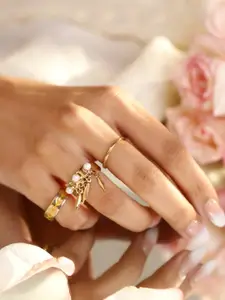 Rubans Voguish Rubans Set of 3 18K Gold-Plated Pearl Beaded & Enamel Accent Adjustable Finger Rings