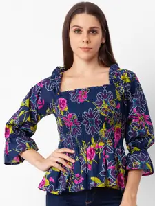 Globus Women Navy Blue Floral Printed Pure Cotton Top