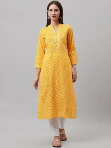 HIGHLIGHT FASHION EXPORT Women Yellow Pure Cotton Leheriya Embellished Gotta Patti Kurta