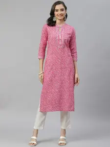 HIGHLIGHT FASHION EXPORT Women Pink & White Leheriya Printed Cotton Gotta Patti Kurta