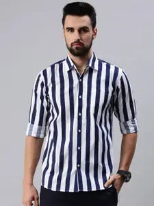 PEPPYZONE Men Navy Blue Standard Regular Fit Striped Casual Shirt