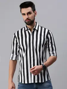PEPPYZONE Men Black Striped Cotton Standard Casual Shirt