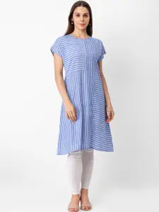 Globus Women Blue & White Striped Extended Sleeves Thread Work Kurta