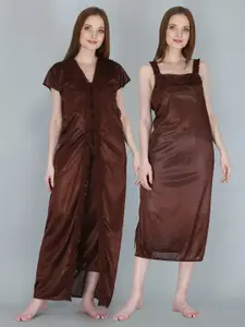 Be You Women Brown Maxi Nightdress  With Robe Pack of 2