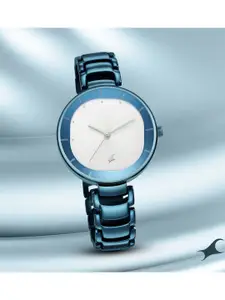 Fastrack Women White Brass Embellished Dial & Blue Stainless Steel Bracelet Style Straps Analogue Watch
