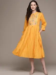 Ishin Women Mustard Yellow & Pink Cotton Floral Embroidered A-Line Midi Dress