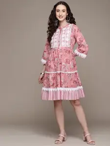 Ishin Women Mauve & White Cotton Floral Print A-Line Dress