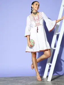 Ishin Women Classic White Ethnic Motifs Craftcore Dress