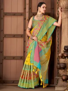 Silk Land Yellow & Turquoise Blue Ethnic Motifs Zari Art Silk Banarasi Saree