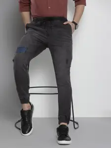 The Indian Garage Co Men Charcoal Black Slim Fit Light Fade Applique Stretchable Jeans