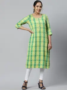 AURELIA Women Green Checked Regular Kurta