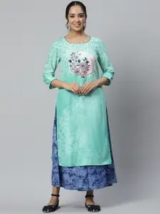 AURELIA Women Green Floral Woven Design Kurta