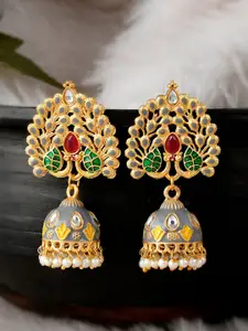 DASTOOR Grey & Gold Plated Peacock Shaped Jhumkas Earrings