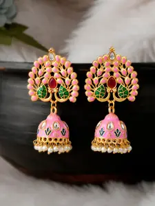 DASTOOR Pink & Gold-Plated Contemporary Jhumkas Earrings