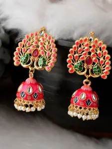 DASTOOR Red & Green Gold-Plated Contemporary Jhumkas Earrings