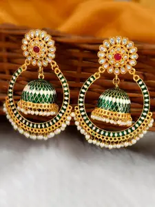 DASTOOR Green & White Gold-Plated Contemporary Jhumkas Earrings