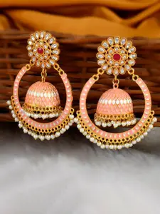 DASTOOR Gold-Toned & Peach-Coloured Contemporary Jhumkas Earrings