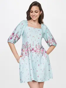 AND Teal Floral Printed Linen Fit and Flare Dress