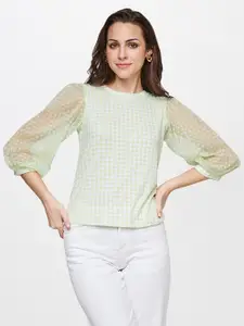 AND Women Green Checked Polyester Top