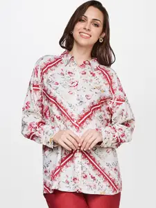 AND White & Red Floral Print Linen Top