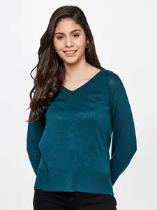 AND Women Teal Solid Casual Top