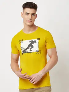Blue Buddha Men Yellow Printed Cotton Extended Sleeves T-shirt