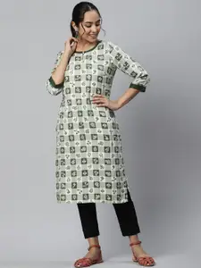 AURELIA Women Checker & Floral Printed Keyhole Neck Rayon Twill Straight Kurta