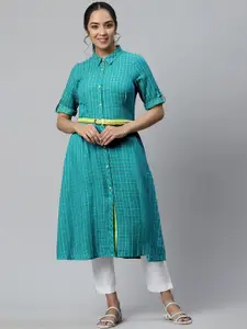 AURELIA Women Teal Checked Asymmetric Kurta