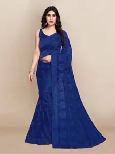 VAIRAGEE Navy Blue Floral Zari Net Saree