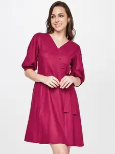AND Women Red Solid Puff Sleeves Linen Wrap Dress
