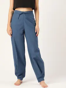 MBeautiful Women Blue Solid Organic Cotton Straight Fit High-Rise Carrot Lounge Pants