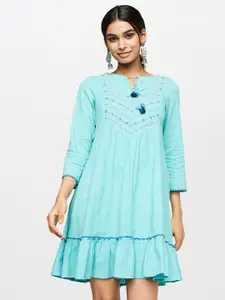 Global Desi Blue Tie-Up Neck Drop-Waist Pure Cotton Dress