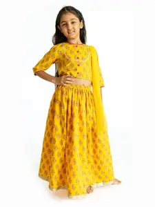 Campana Girls Yellow & Grey Printed Ready to Wear Lehenga & Blouse With Dupatta