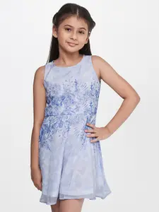 AND Girls Blue Floral Printed Sleeveless Fit and Flare Mini Dress