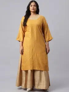 W Women Mustard Yellow Ethnic Motifs Embroidered Flared Sleeves Floral  Plus Size Kurta