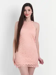 Rediscover Fashion Peach-Coloured Halter Neck Schiffli Dress