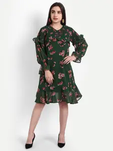 Rediscover Fashion Women Green Floral Smocking Georgette Dress