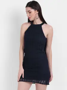 Rediscover Fashion Navy Blue Halter Neck Schiffli Dress