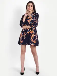 Rediscover Fashion Women Blue & Orange Tropical Collar Skater Dress