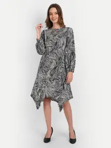 Rediscover Fashion Black & White Animal Print Assymetric Tie-Up Neck Crepe A-Line Dress