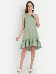 Rediscover Fashion Women Green Crepe Sleeveless Polka dot Frill dress