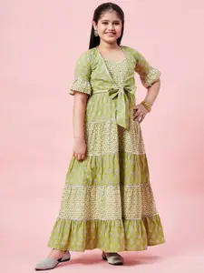 Stylo Bug Green Ethnic Motifs Printed Layered Pure Cotton Ethnic Maxi Dress
