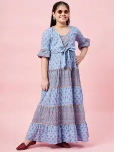 Stylo Bug Girls Blue Ethnic Motifs Layered Maxi Dress