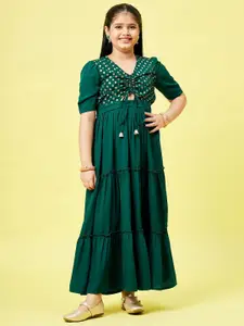 Stylo Bug Green Embellished Layered Ethnic Maxi Dress