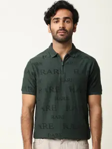 RARE RABBIT Men Green Typography Printed Polo Collar Slim Fit T-shirt