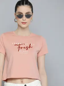 Harvard Women Pink Typography Printed Pure Cotton Crop T-shirt